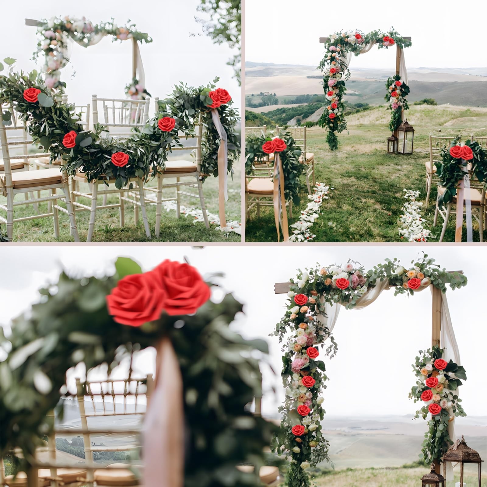 50 PCS Red Real Looking Foam Fake Roses with Leaves for DIY Wedding Bouquets