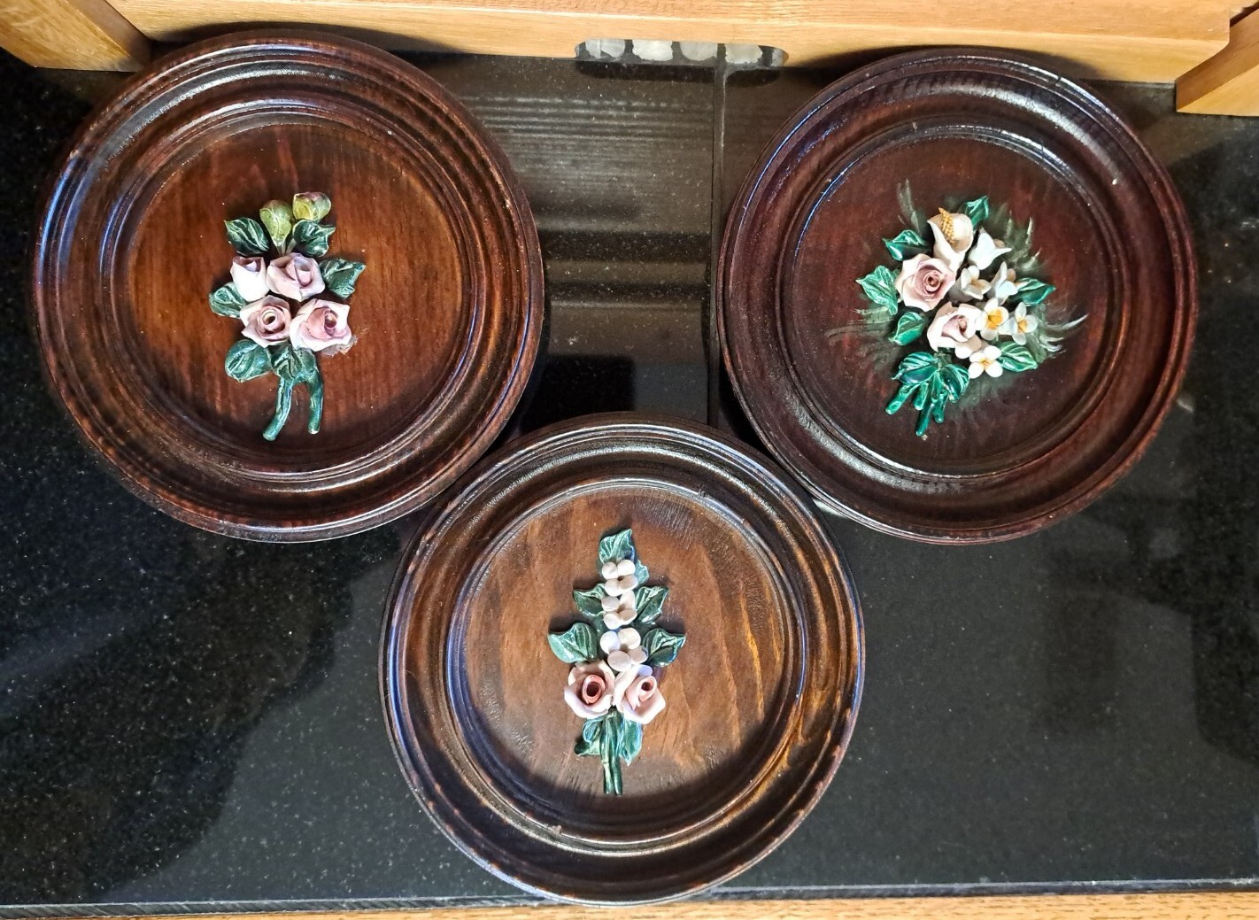 Vintage hand crafted flowers roses art on hand turned dark wood plaques set of 3