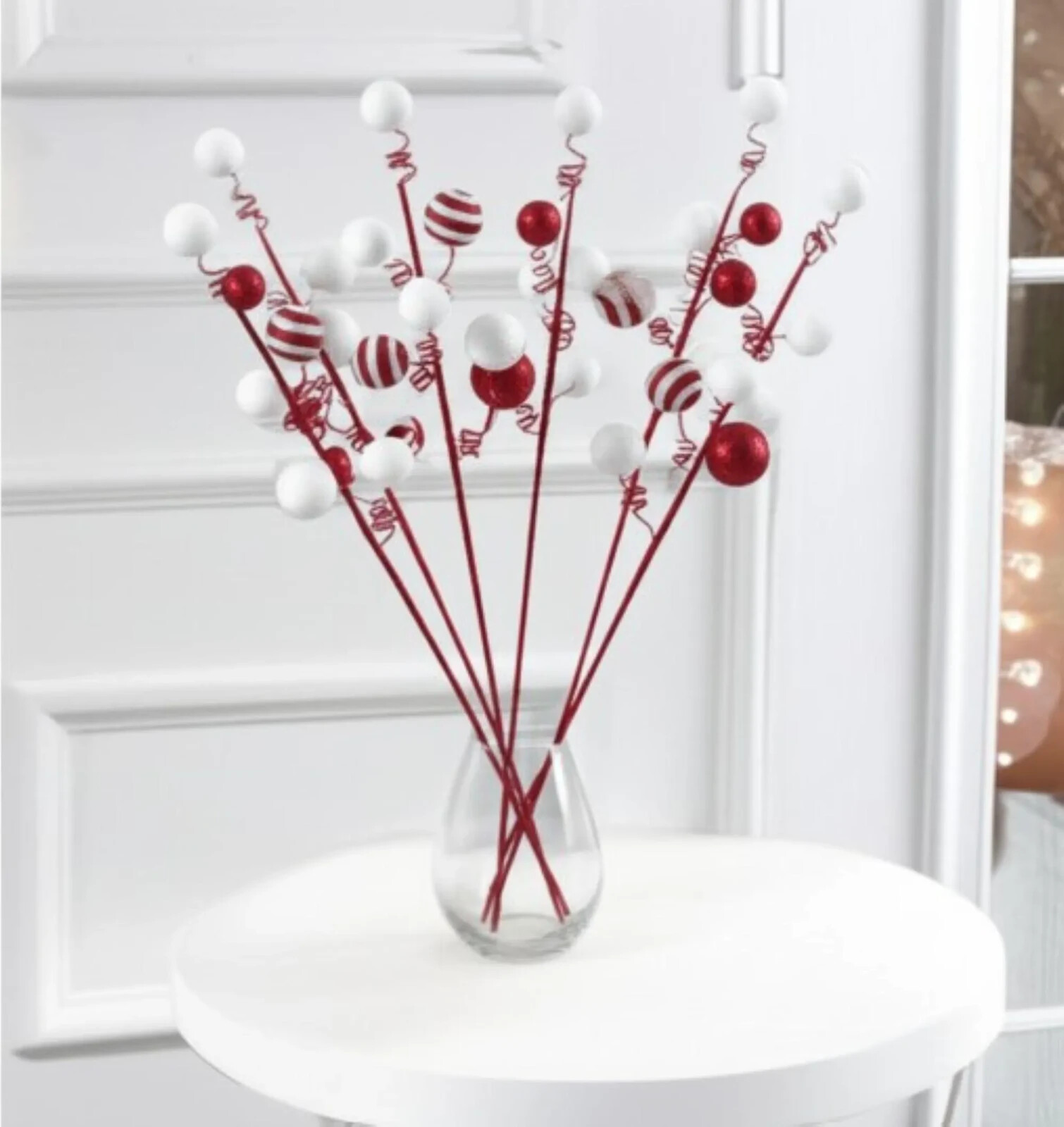 Red & White Glitter Ball Wire Curl Spray Crafts Festive Christmas Holiday Decor