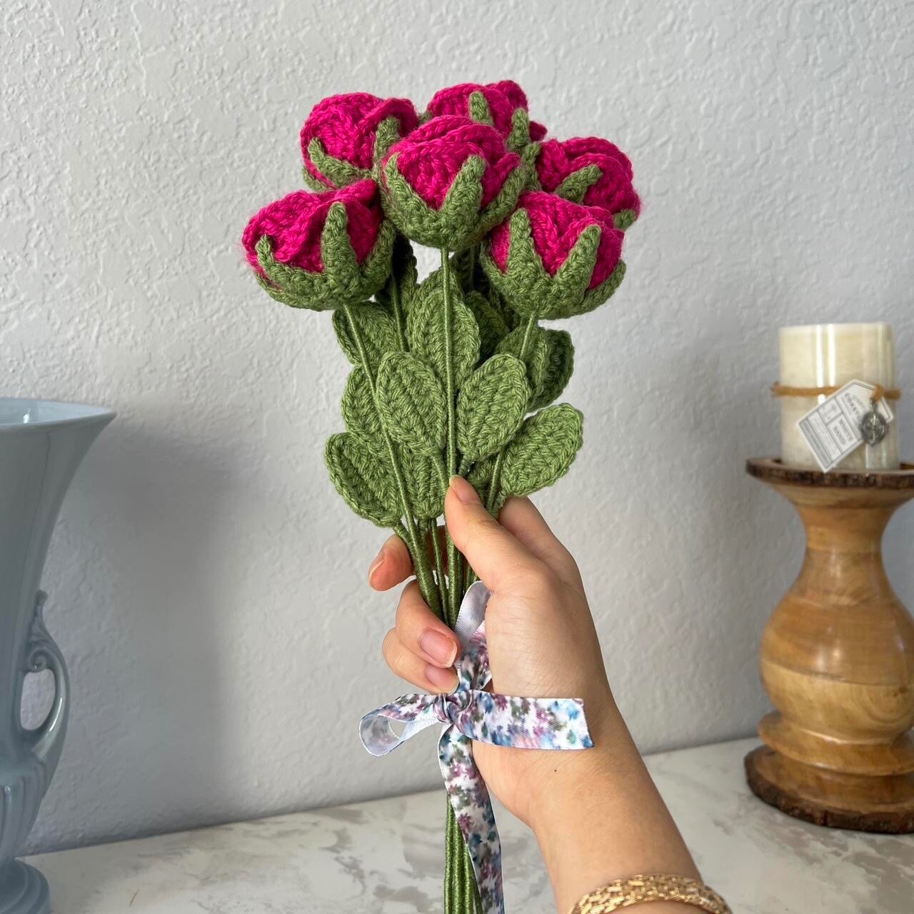Handmade Crochet Knitted Hot Pink Fuchsia Half Dozen Rose Flower Bouquet 6 Stems