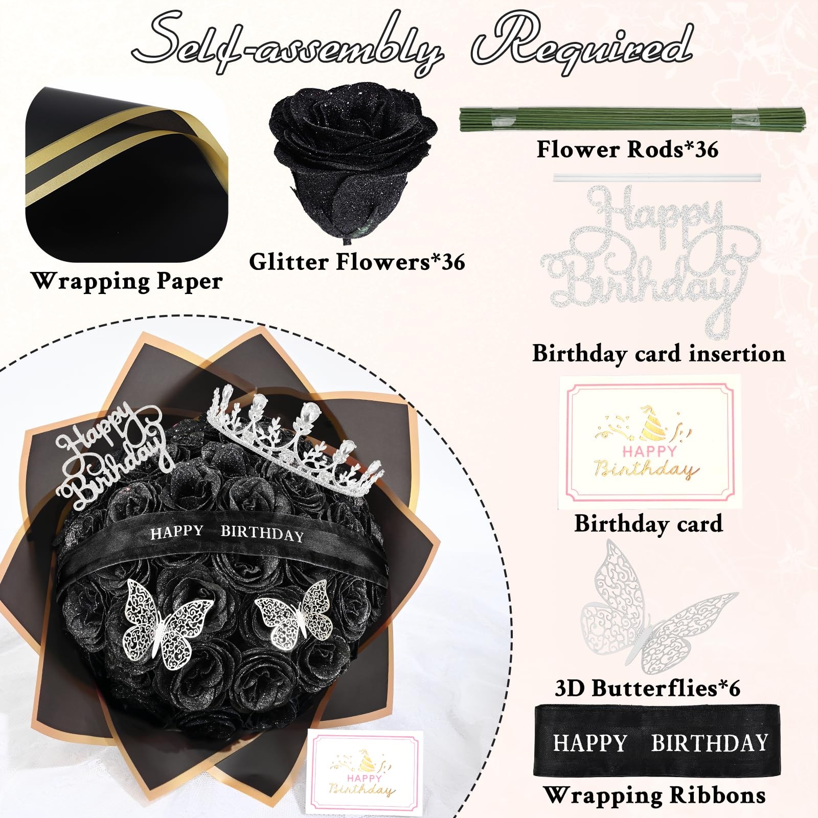 36 PCS Black Glitter Roses Bouquet DIY Fake Flowers Birthday StandUp Signs