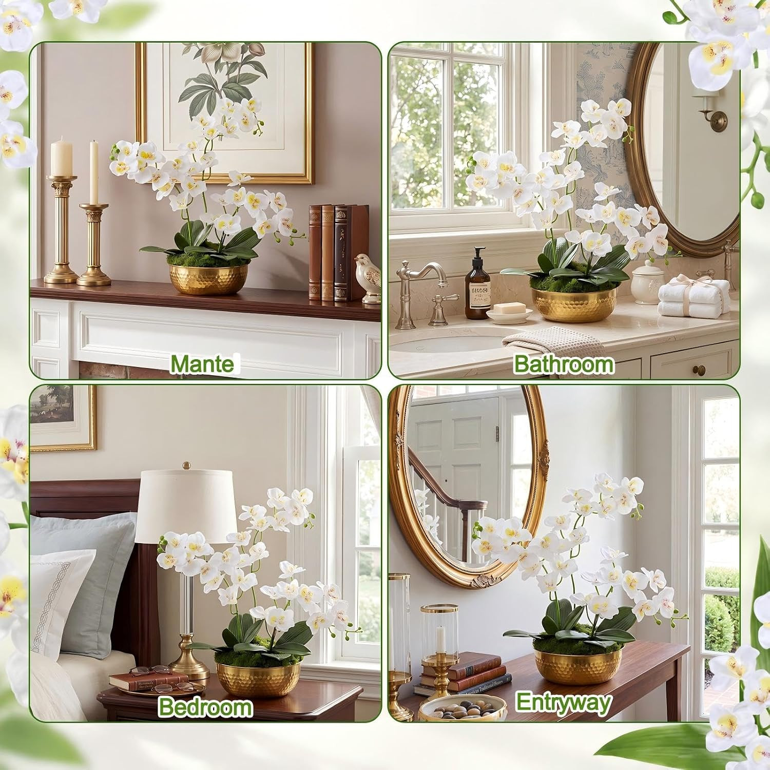 Elegant 28″ Artificial Orchids in Gold Vase – Faux Phalaenopsis Centerpiece