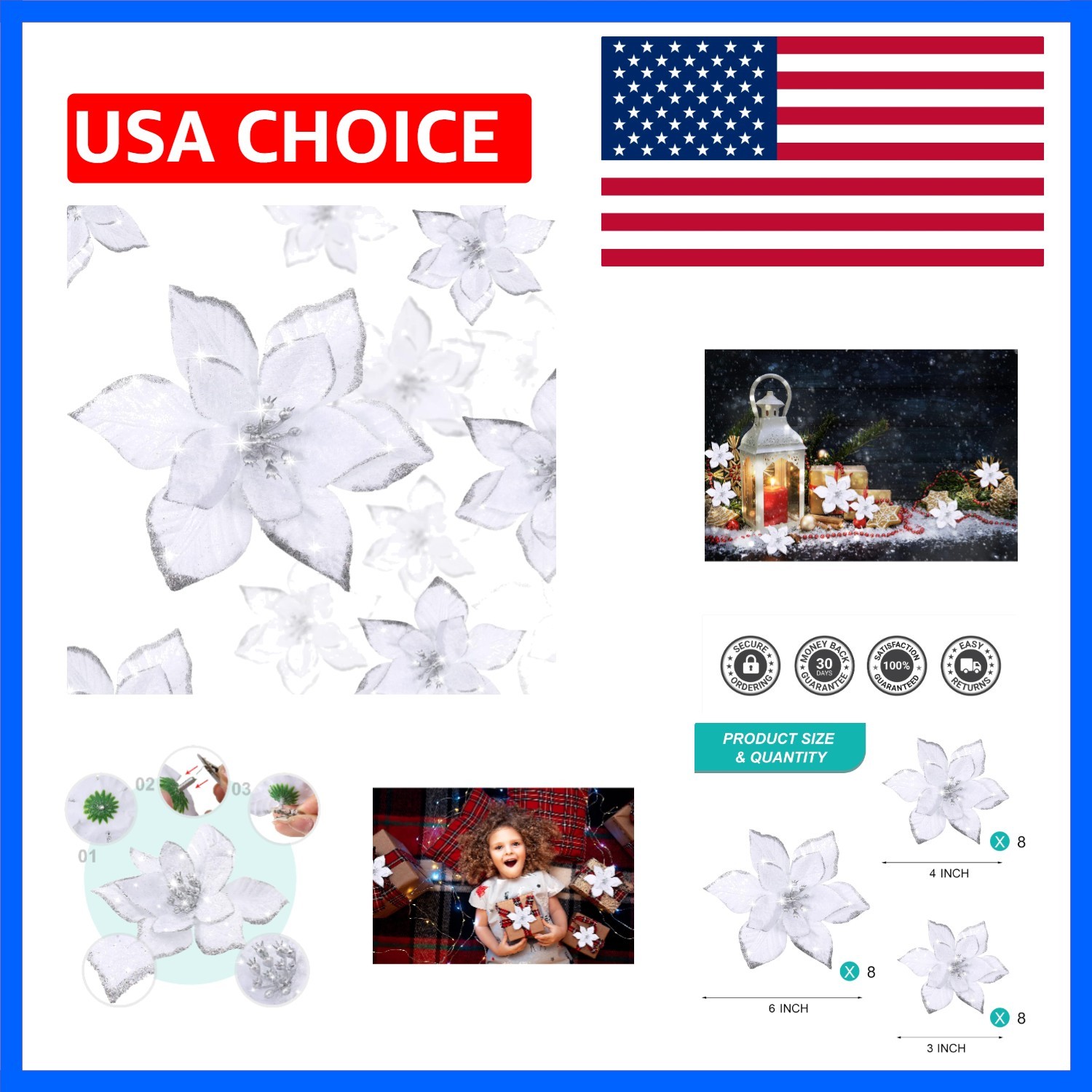 24 Pcs 3 Size Poinsettia Flower Artificial Christmas Decor Glitter Poinsettia…