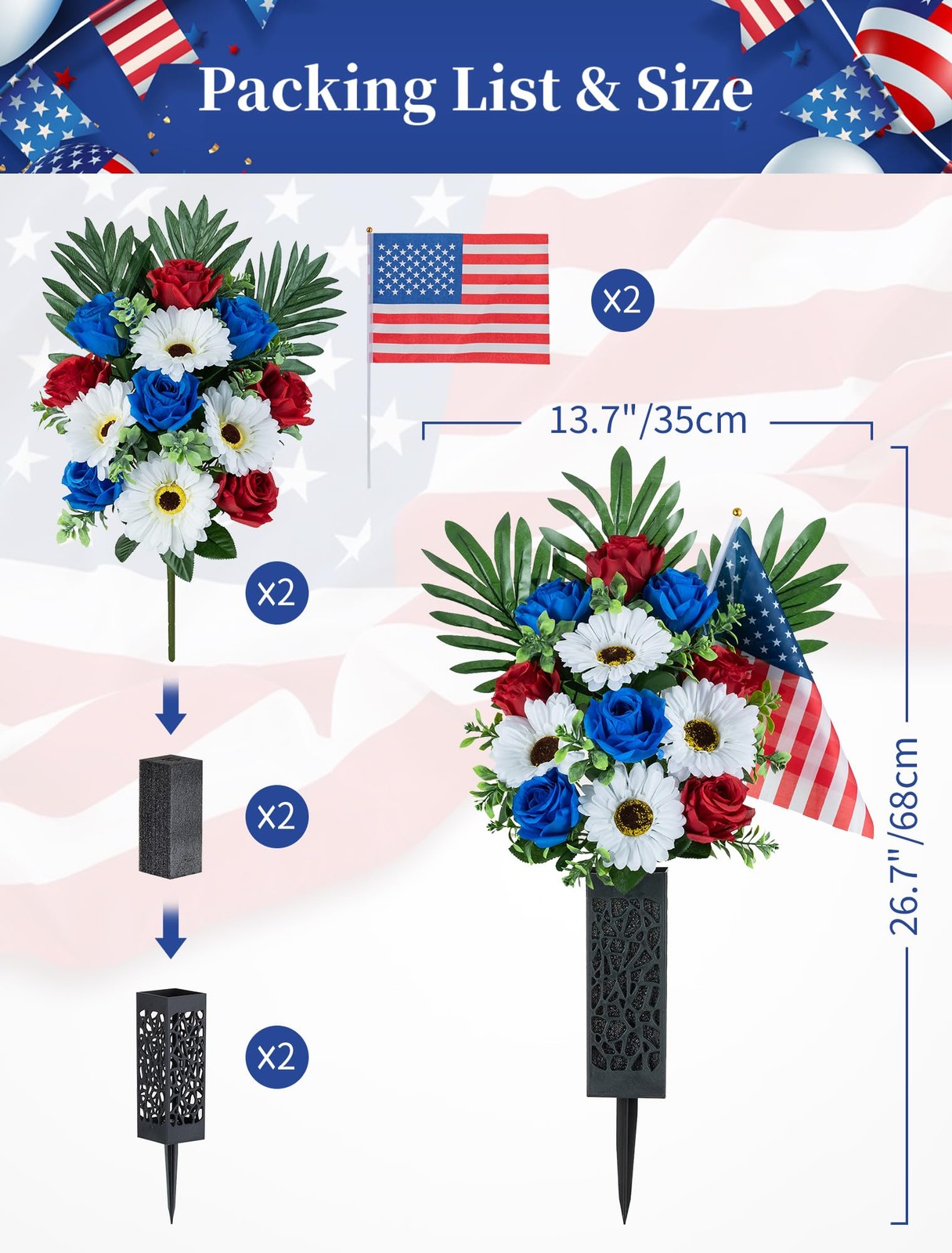 Memorial Day Flowers for Cemetery 2 Pcs Outdoor Grave 250th Anniversary USA D…
