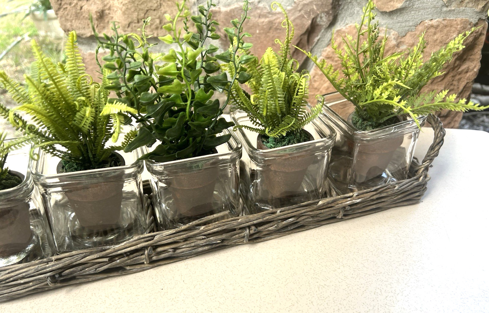 Tabletop Garden Mini Faux Fern Clay Pots With Rattan Wicker Tray & 5 Glass Vases