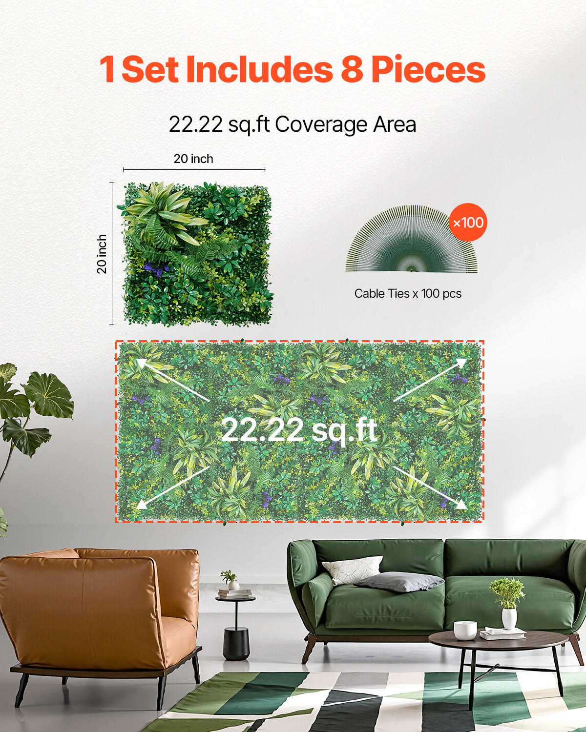 Artificial Grass Wall Panels 8 PCS 20 x 20 in 3D Greenery for Decor Privacy