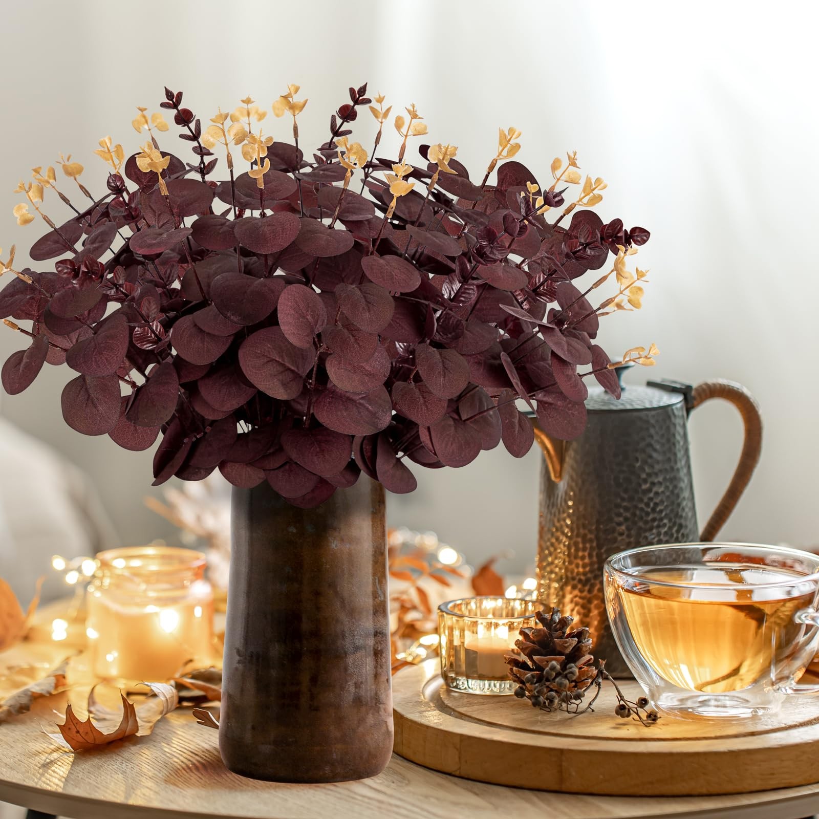 20PCS Dark Wine Red Halloween Eucalyptus Stems Artificial Fake Flowers Bulk D…