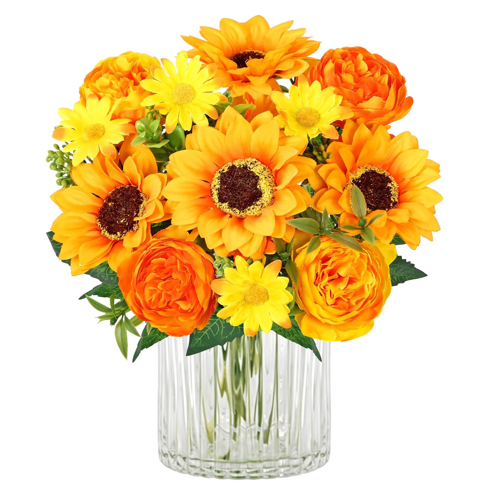 2 PCS Artificial Sunflower Peony Fake Flower Arrangement Vase Bouquet