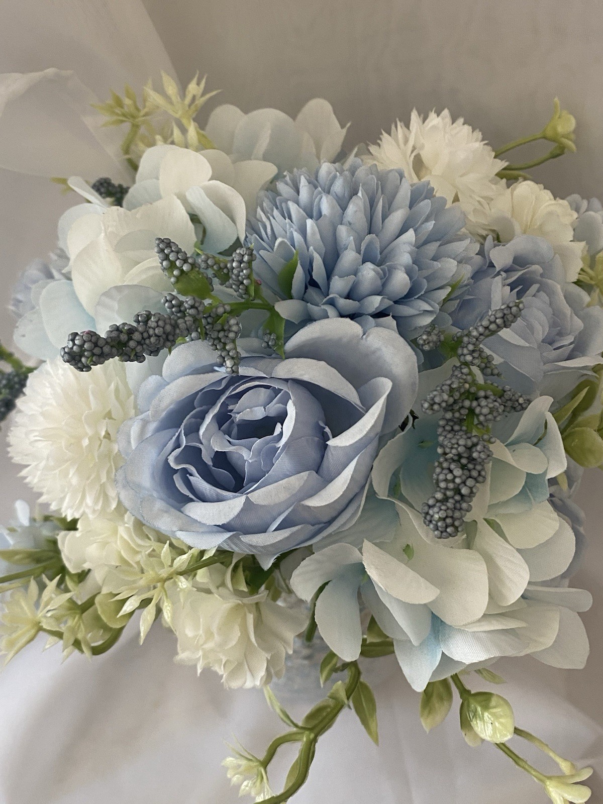 Blue & White Wedding Floral Roses & Mums in a Lovely Vase Summer Flowers