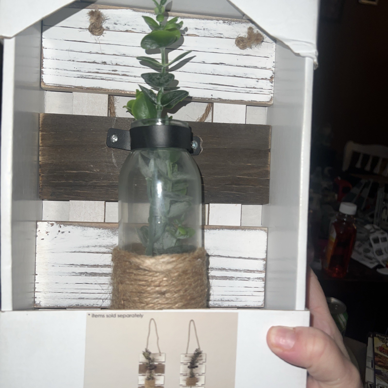 Farmhouse Rustic Wooden Artificial Plant In Bottle, Hanging Plaque, New In Box