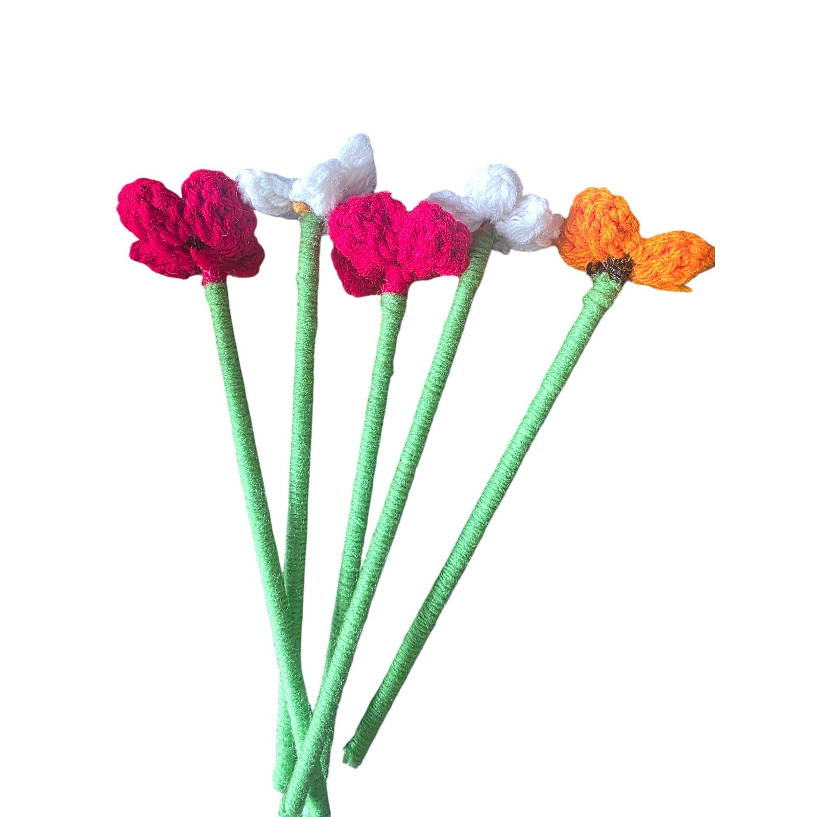 Handmade Crochet Flower Bouquet 5 Stems Red Orange White Floral.