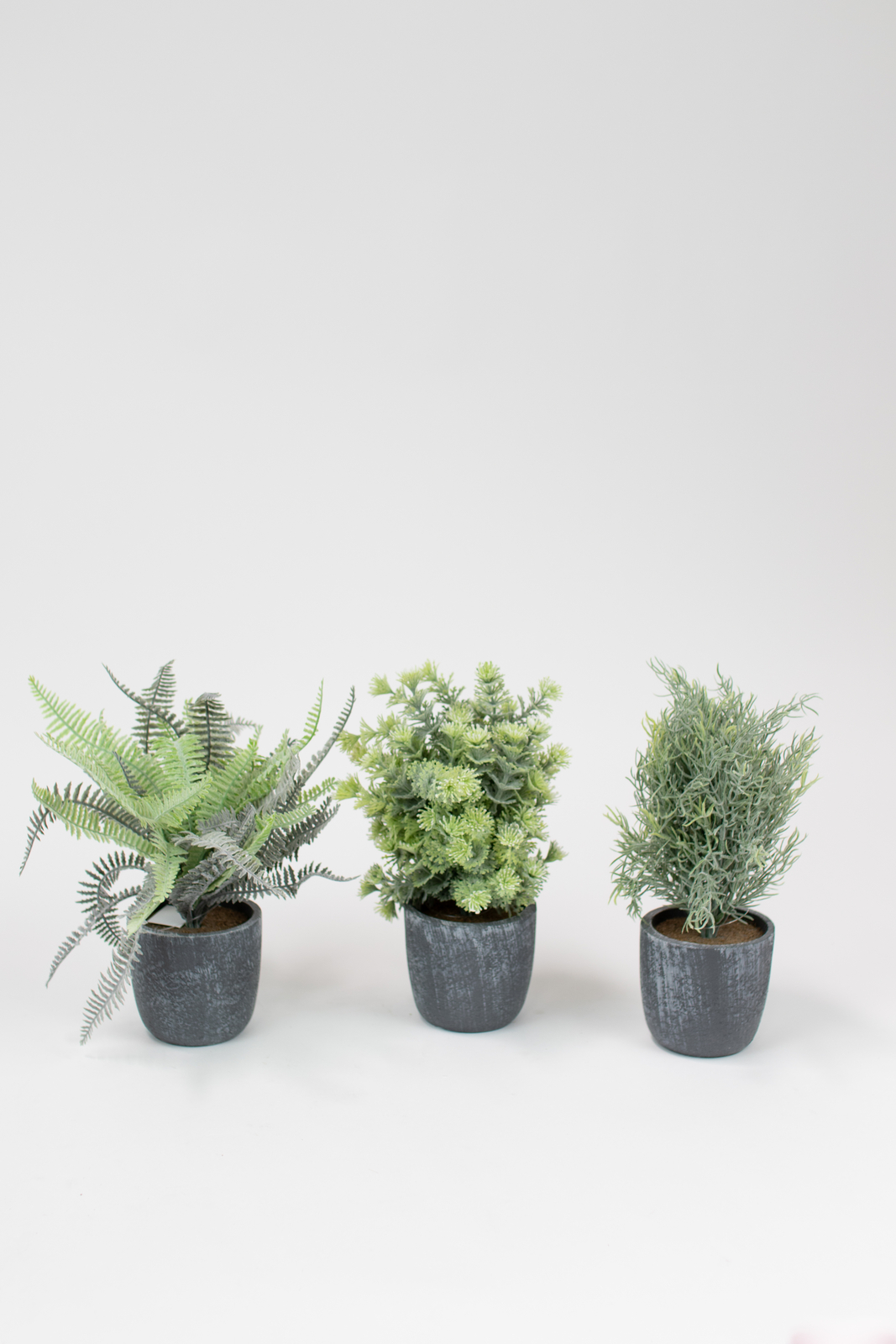 Elegant Fern Leaves Green Set Three Faux Floral Round Gray Pots