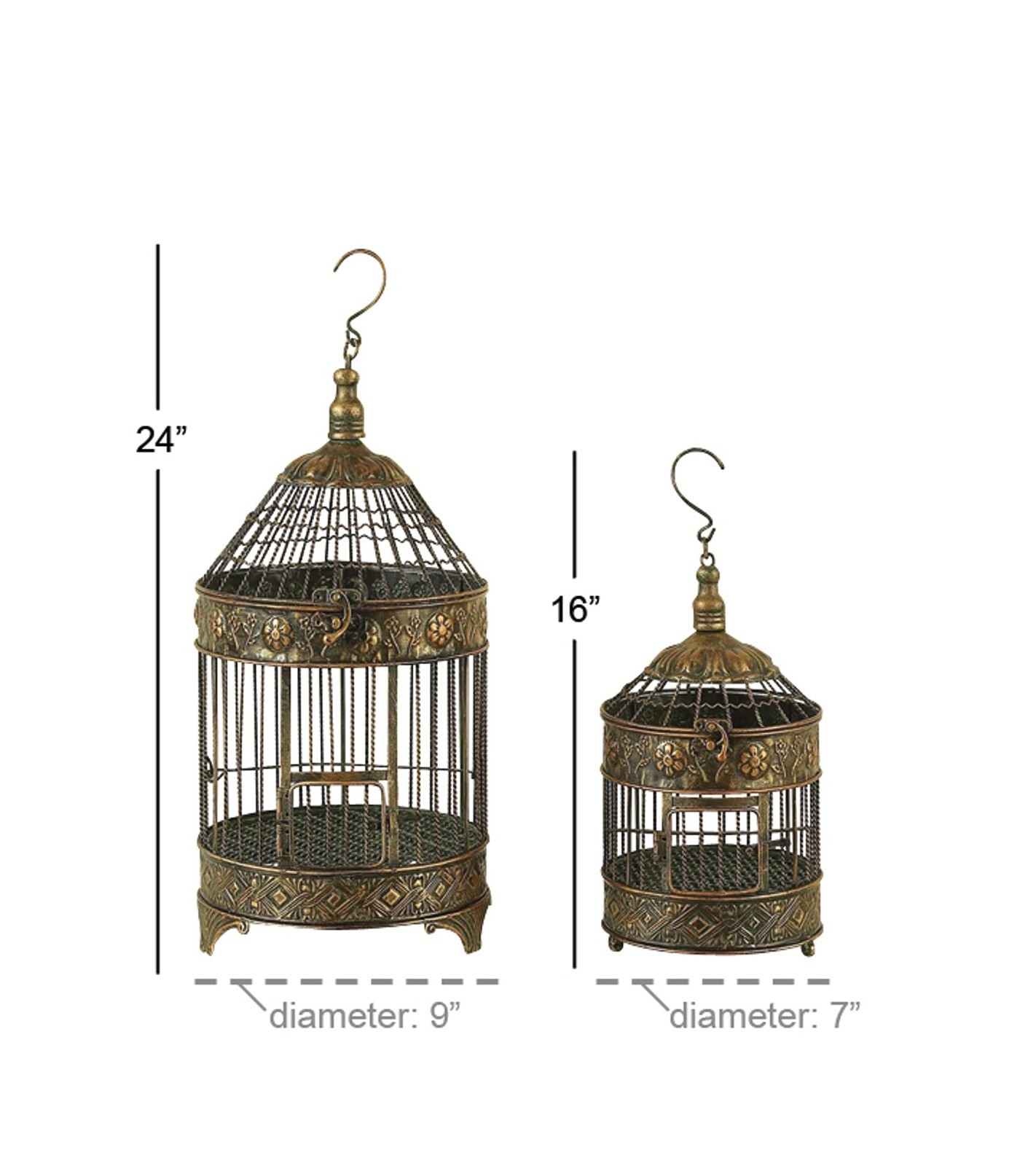 Antique Metal Floral Birdcage Set of 2 – Twisted Rod, Latch Closure, Hanging Hoo