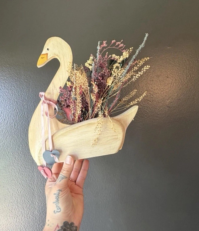 Handmade Vintage Wooden Goose with Dried Floral Arrangement Cottagecore Decor