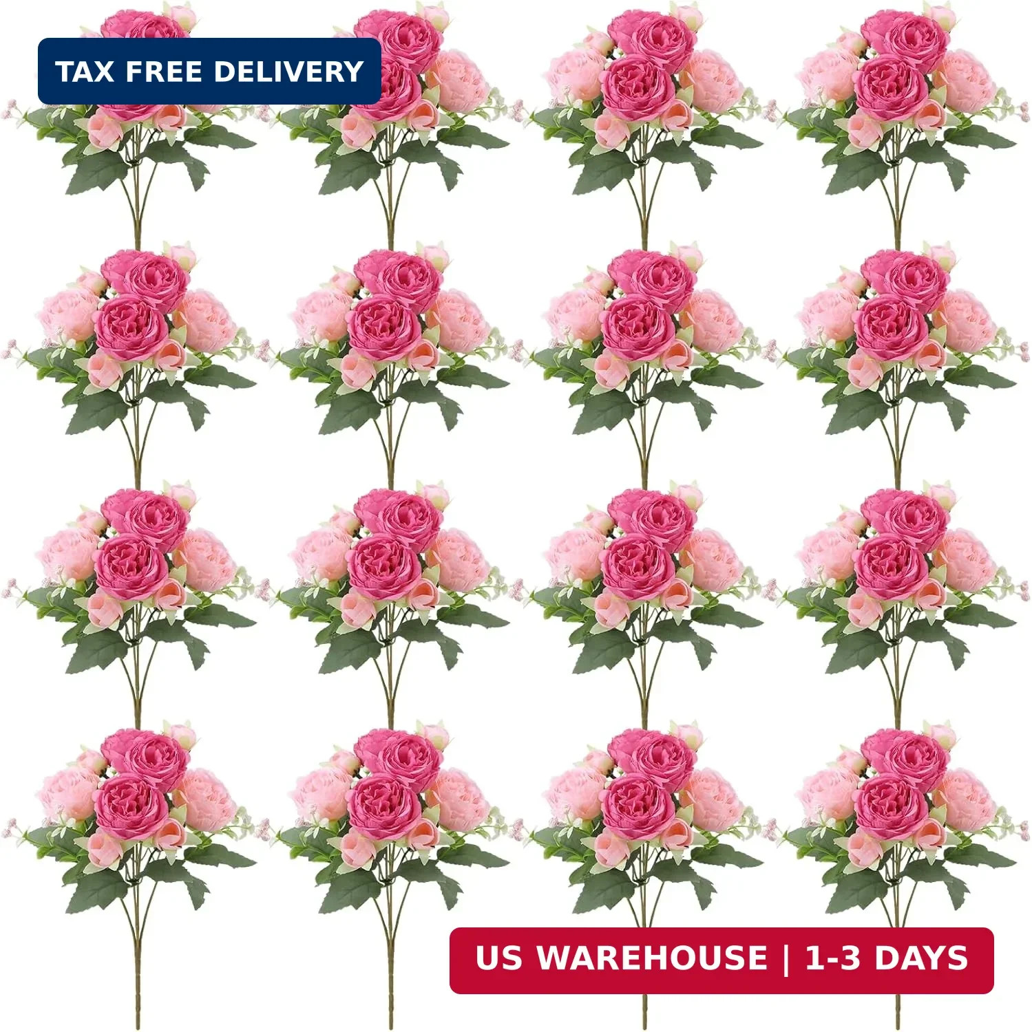 16 Pack Pink,Hot Pink Peonies Artificial Flowers,Fake Silk Hydrangea Bouquet for