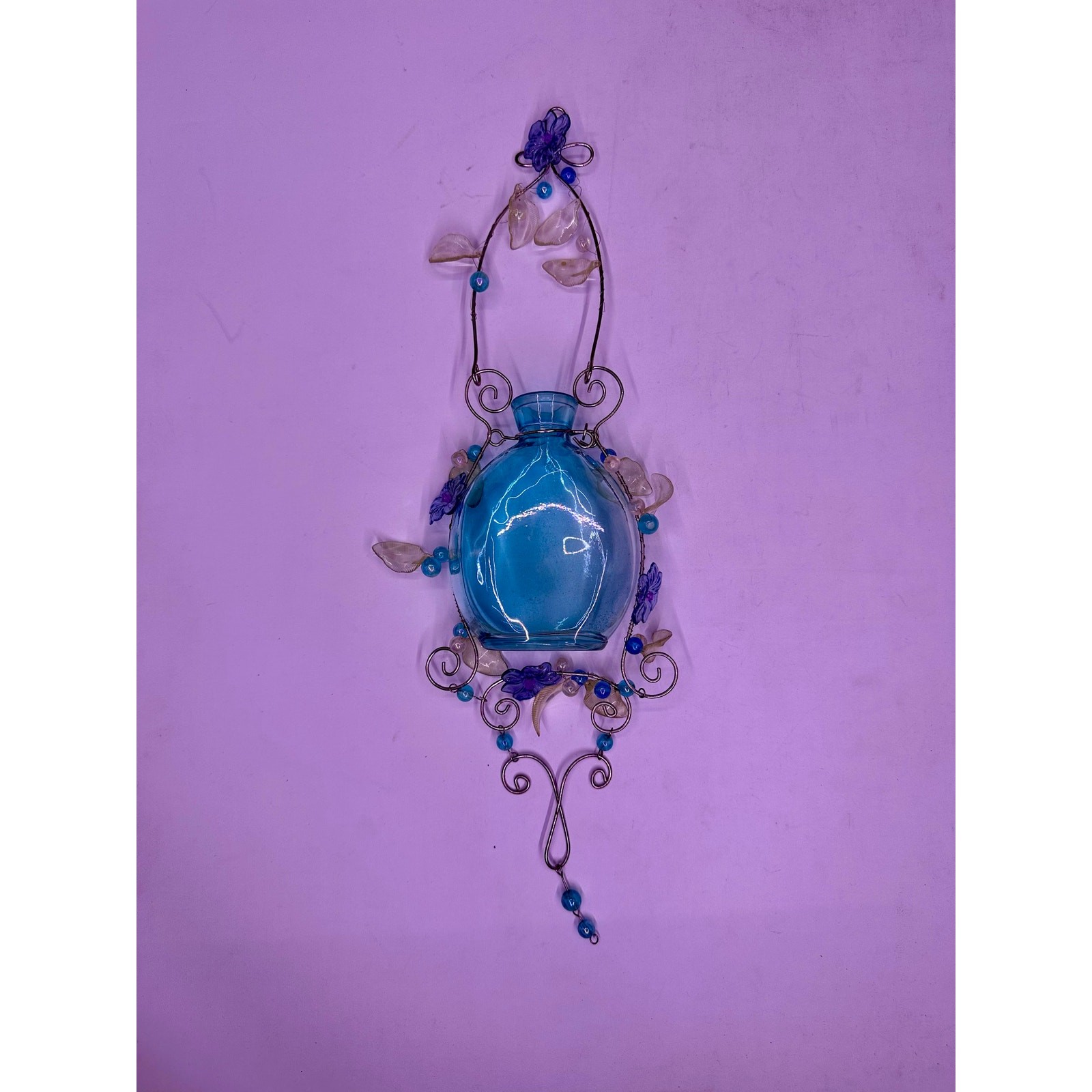 Vintage Blue Floral Glass Hanging Vase