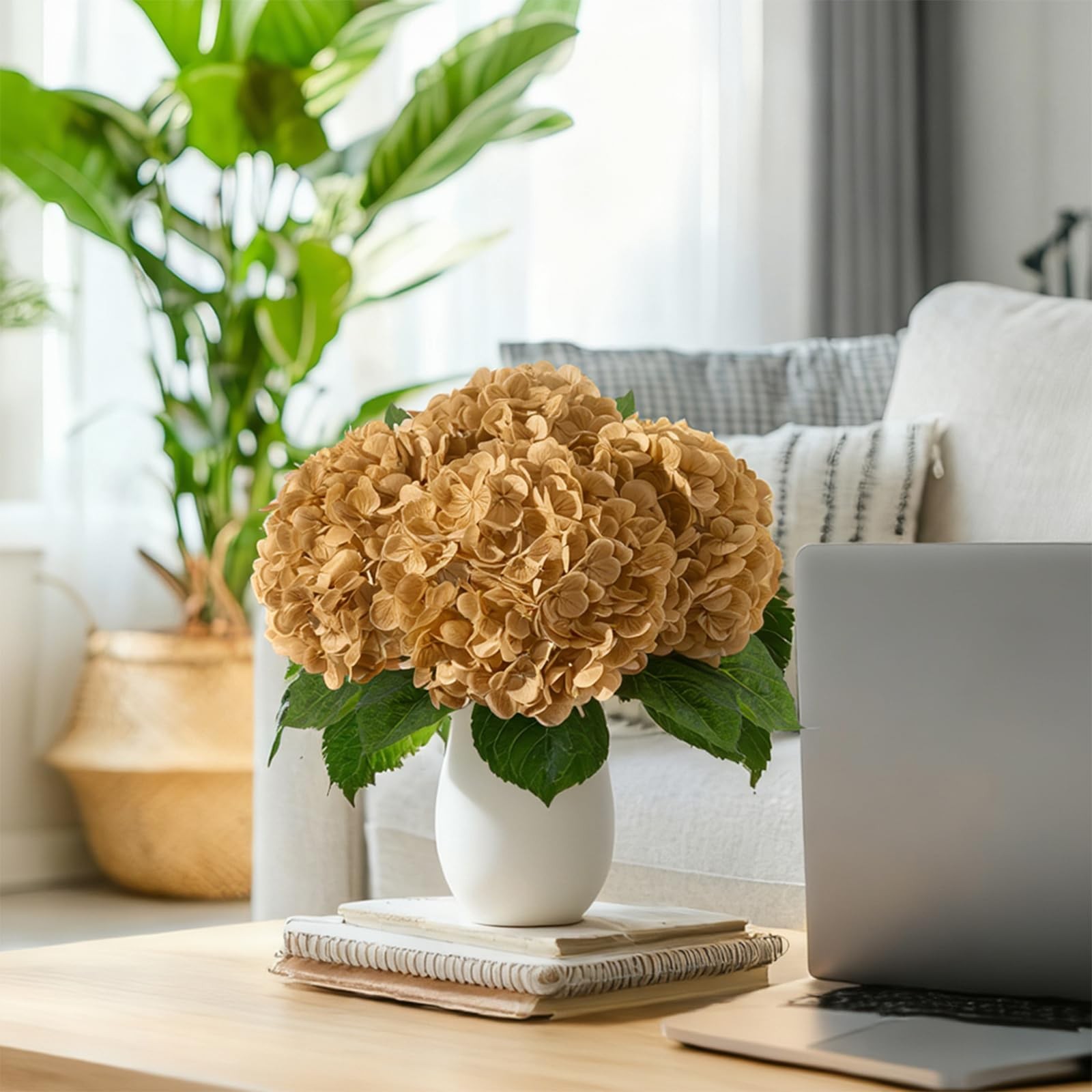 4 Pcs Artificial Hydrangea Silk Flowers with Stems, 19.7″ Coffee Faux Hydrang…