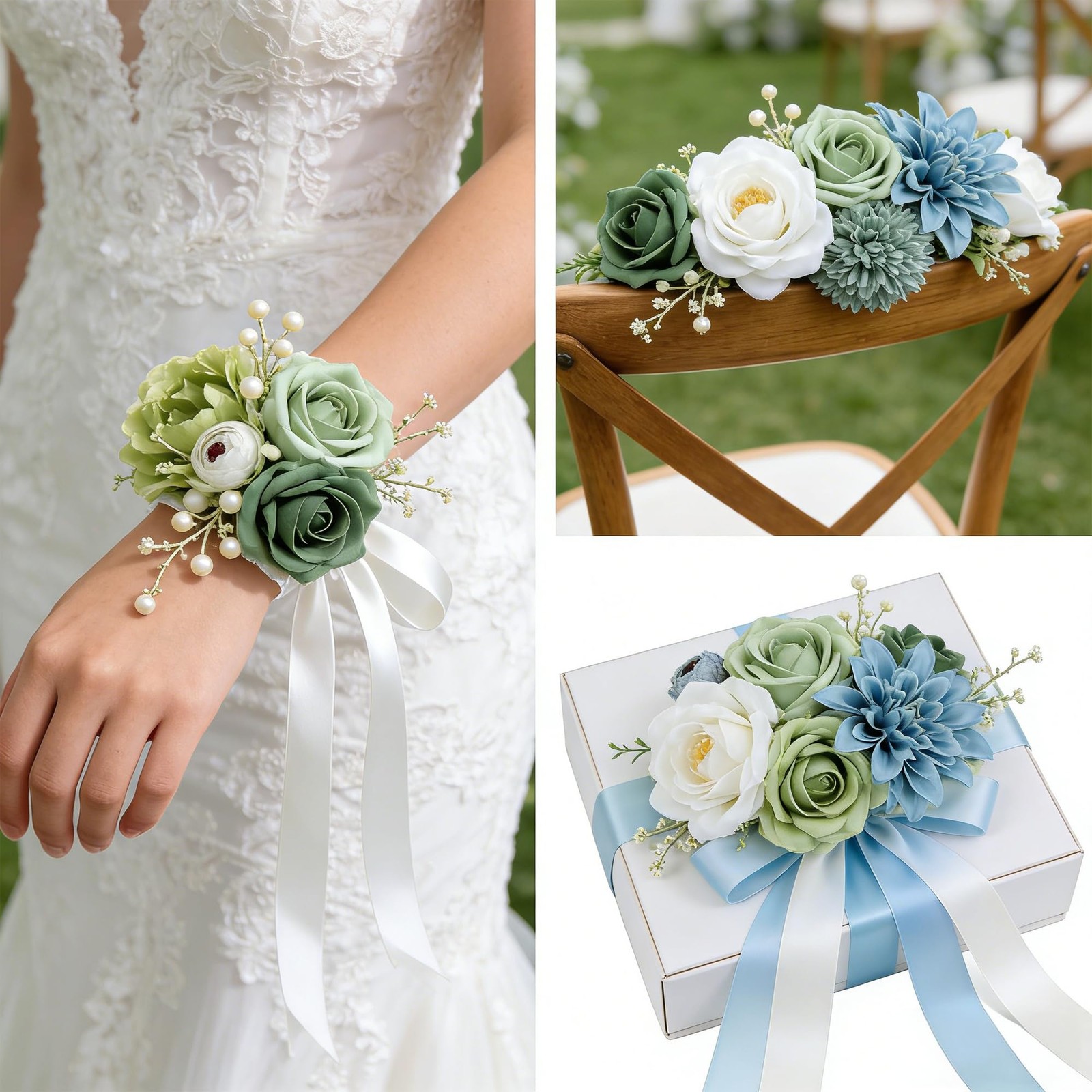 Green Artificial Silk Flowers Combo with Dahlias, Roses & Green Stems for DIY…
