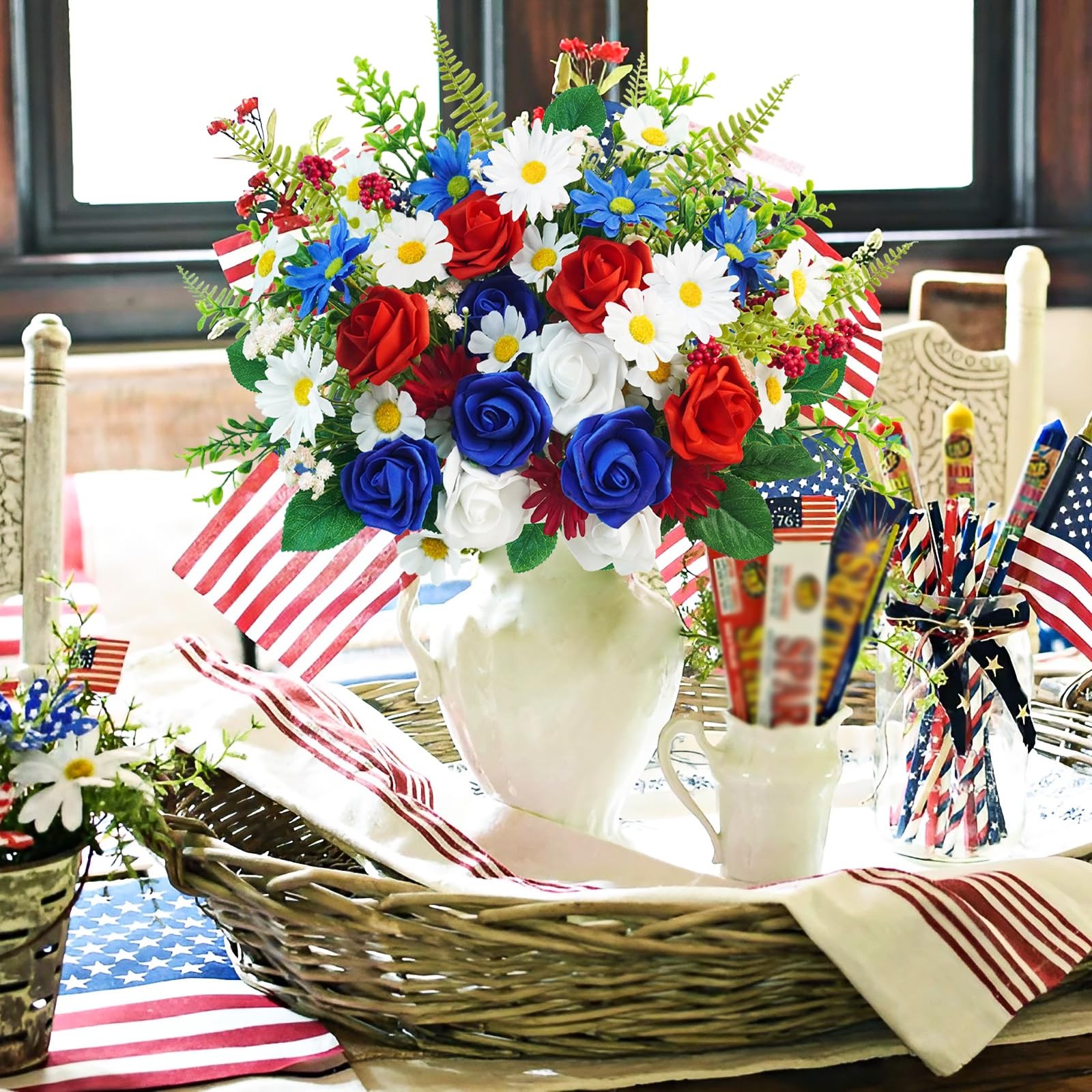 4 Bundles Patriotic Artificial Flowers 4th Of July Red White Blue Silk Rose