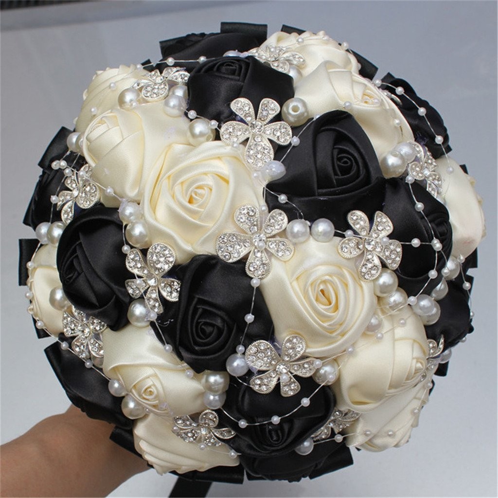 Hand Made Shining Crystal Rhinestone Pearl Silk Rose Bouquet A-018 Black Cream