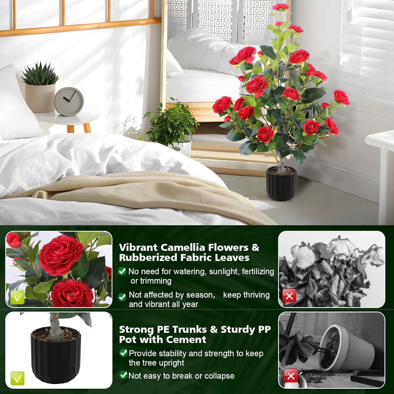 Faux Camellia Trees – 2 Pcs Red Indoor/Outdoor Decor in Pots