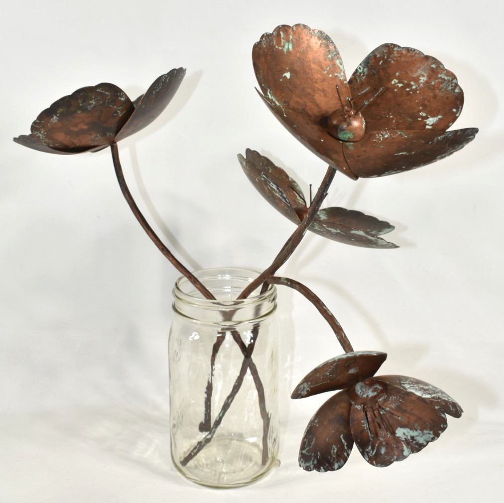 Pottery Barn SAMPLE 3 Pcs Metal Flowers Poppies Poppy Stems Copper Color NO VASE