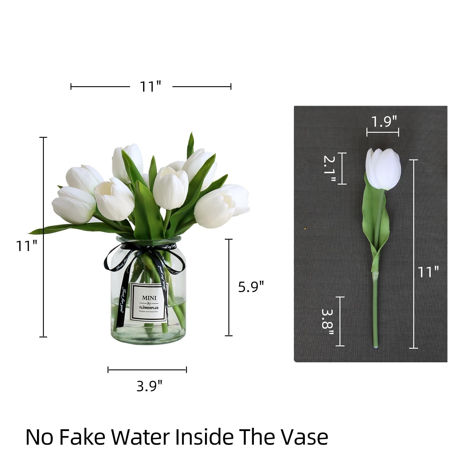 10 PCS Fake White Tulips Silk Artificial Flowers Real Touch Decor With Vase