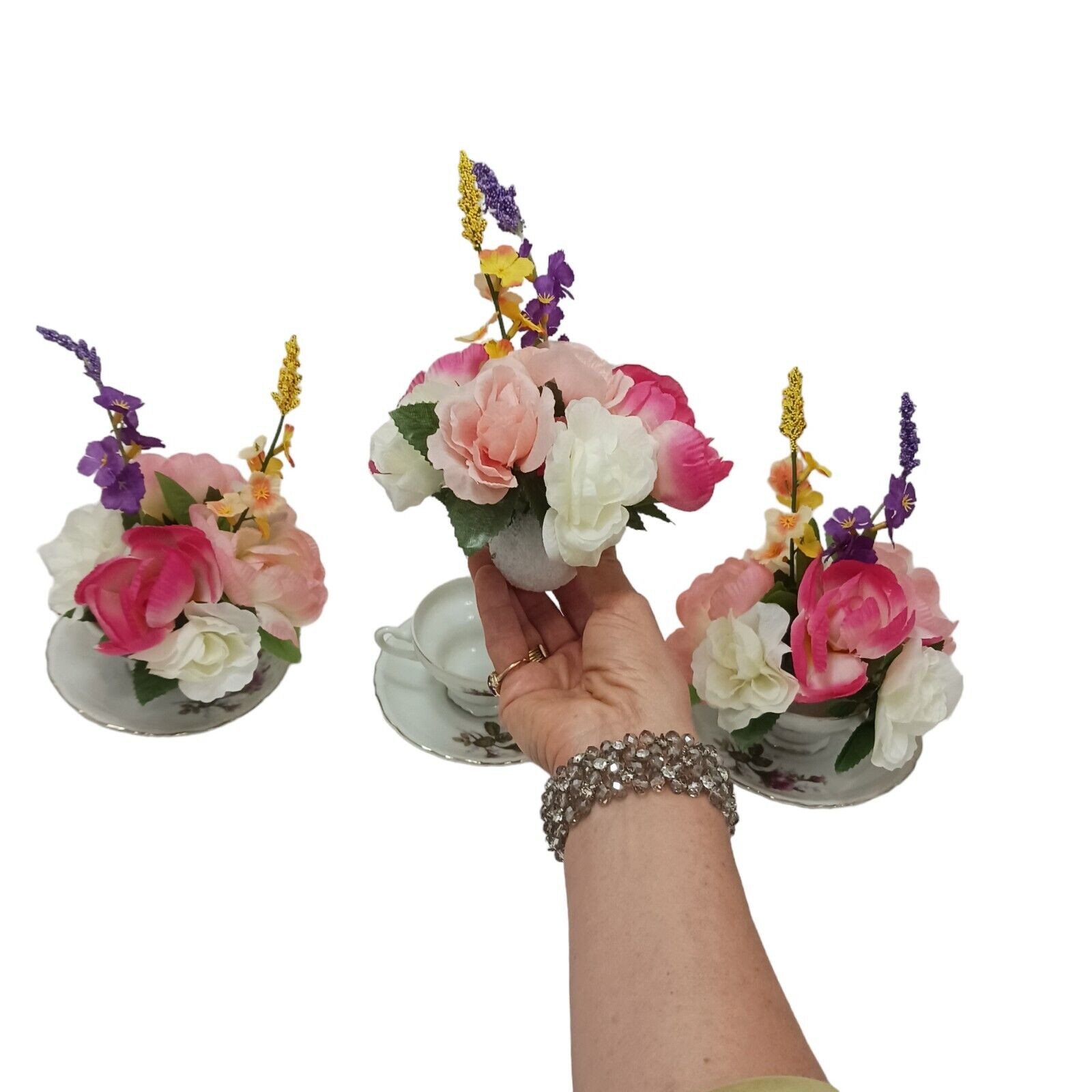 Silk Floral Arrangement POP-IN for your Tea Cup Party Birthday Bridal Home Decor