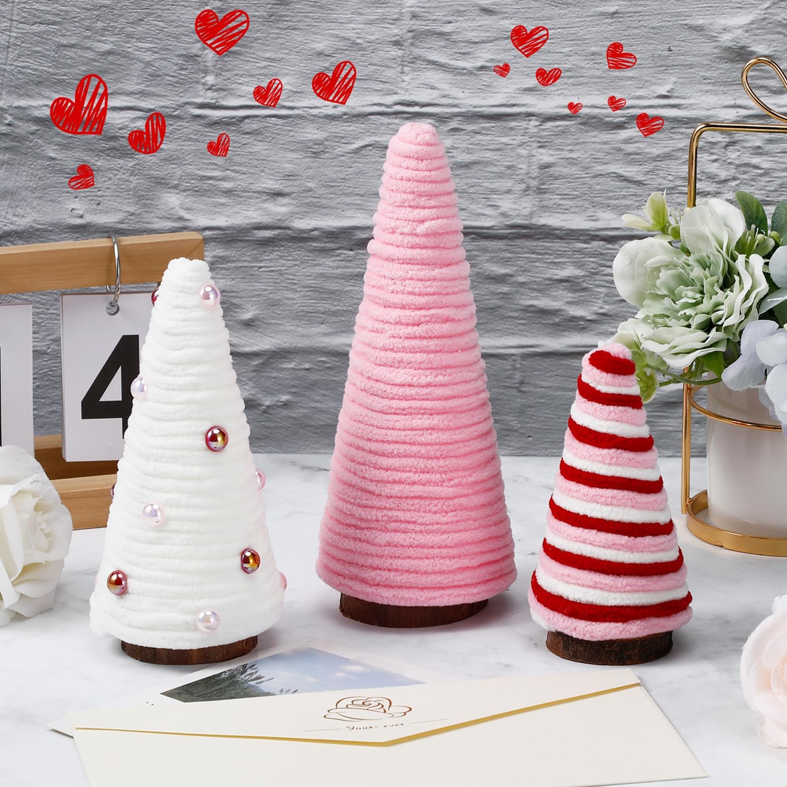 3 Pcs Valentine Day Tree Table Decorations Yarn Wrapped Mini Trees Pink White Va
