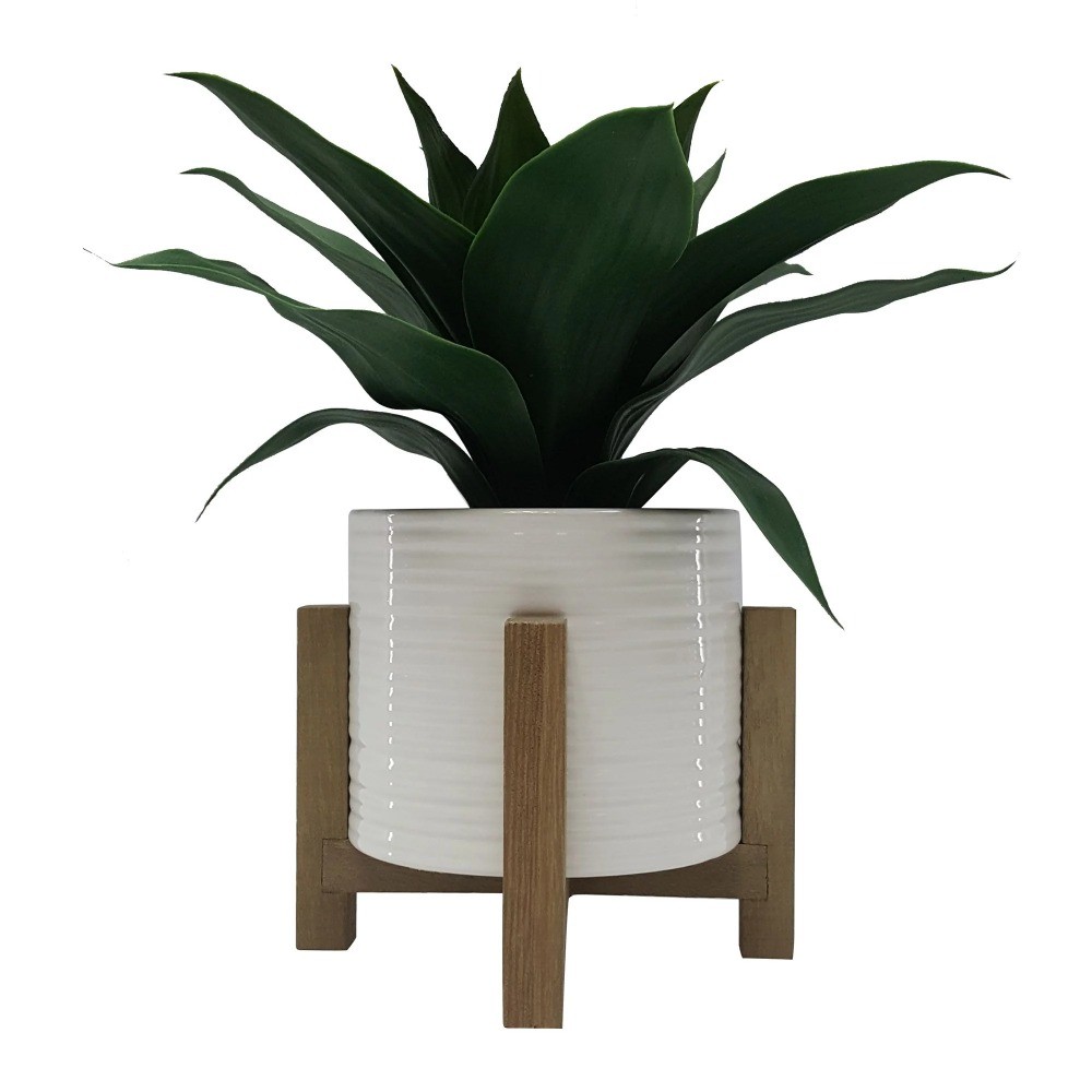 10″ Artificial Agave Plant in White Ceramic Pot with Wood Stand