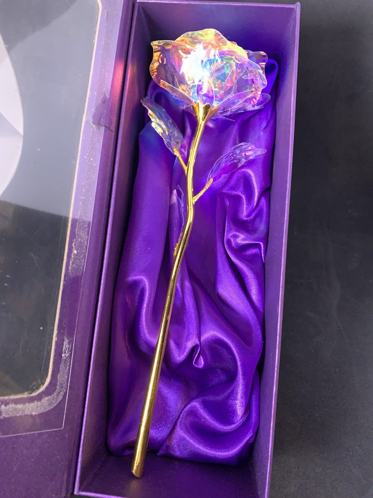 24K Gold Stem Rose Iridescent Petals 9″ Purple Satin Boxed