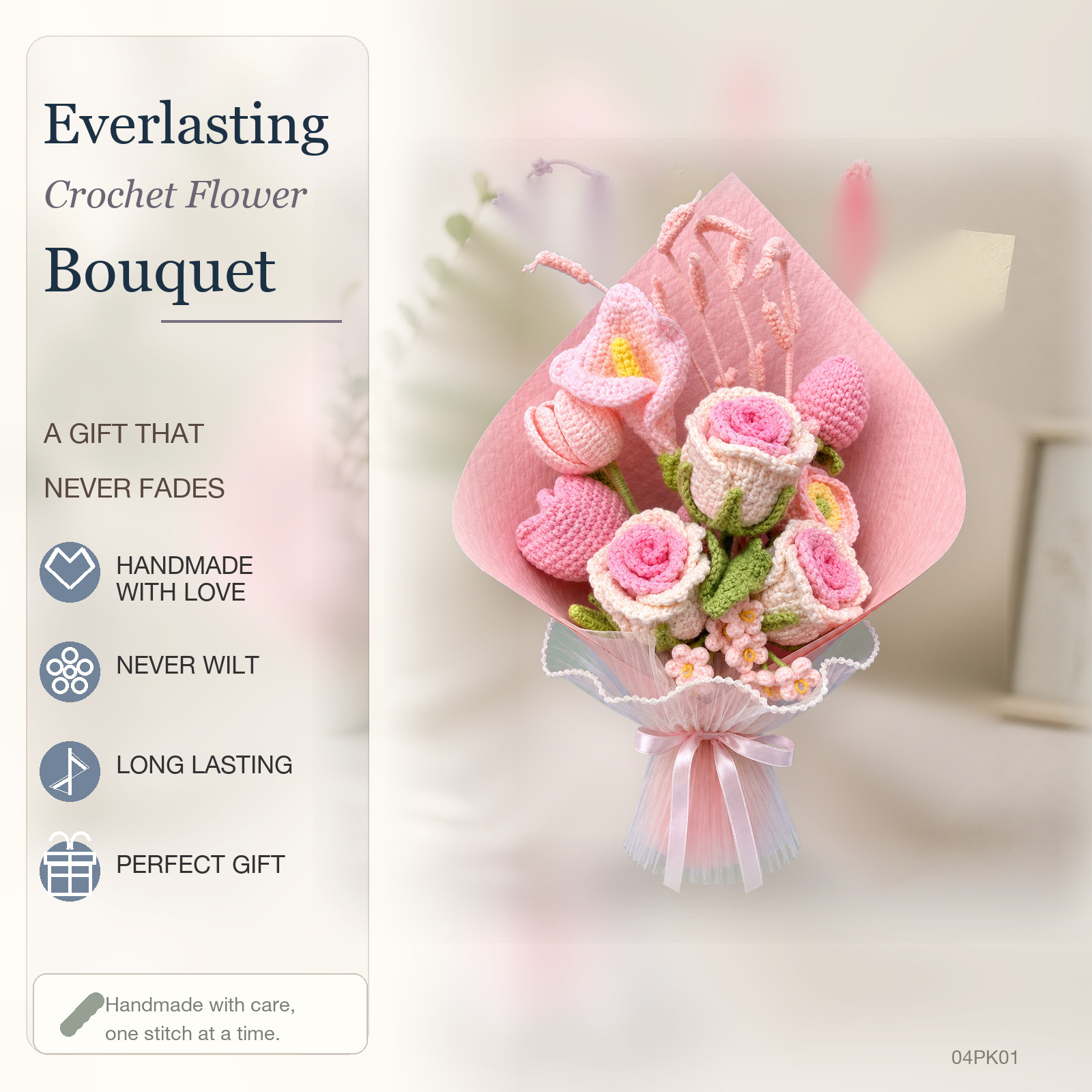 Soft Pink Crochet Rose Bouquet Wedding Anniversary Gift for Her