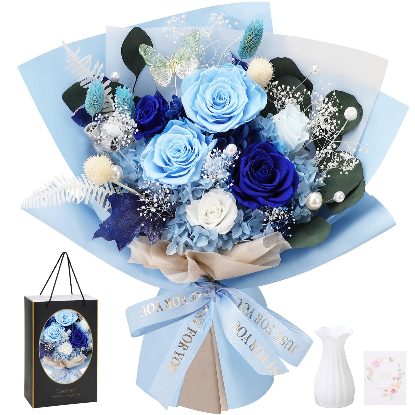 Preserved Flowers Delivery 6 Blue Roses Bouquet Real Long Lasting Forever Gift