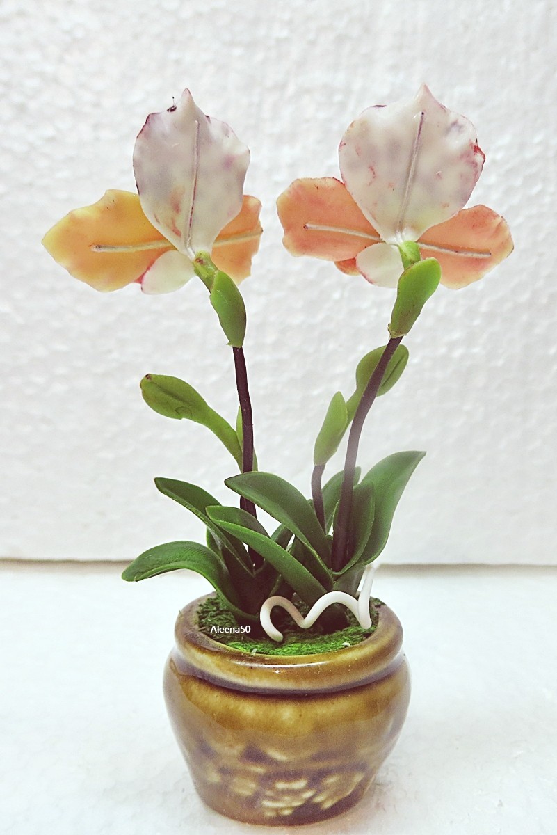 US stock 4″H Handcrafted White w/Spotted & Red Lip Lady Slipper Orchid in Pot