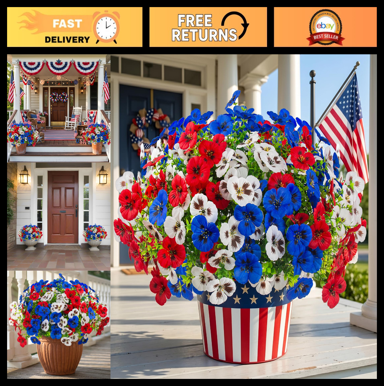 18 Pcs UV Resistant Faux Silk Pansy Flowers – Patriotic Outdoor Decor for Plante