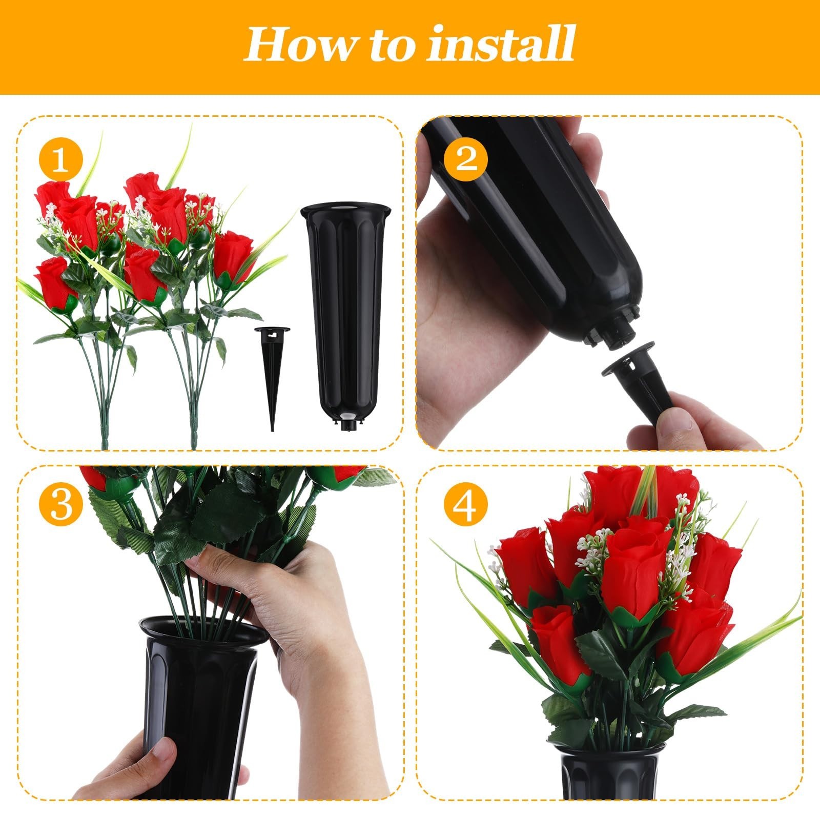 6 Sets Memorial Day Cemetery Flowers with Grave Vase – 12 Bunches Artificial Ros
