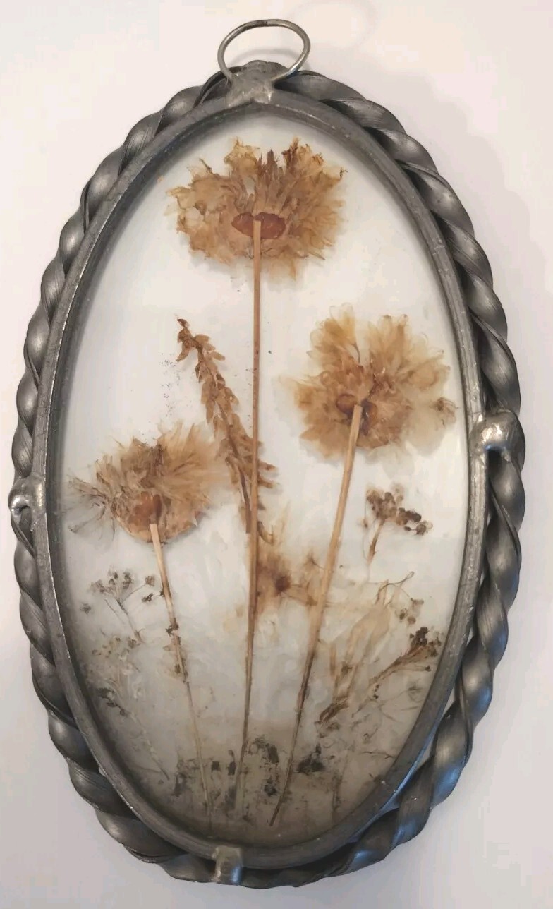 Vintage Lasting Impressions Real Dried Pressed Flowers In Glass W/ Metal Frame