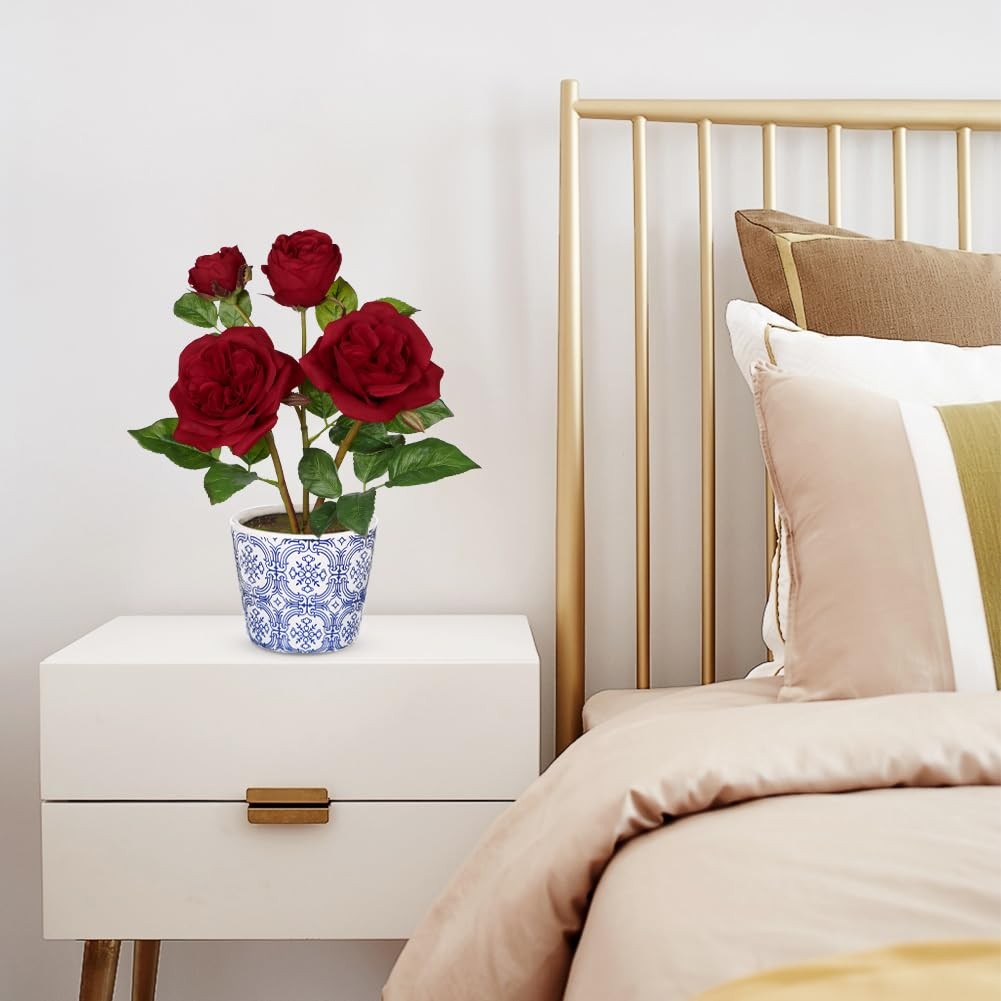 Red Real Touch Roses Artificial Flowers in Vase Blue and White Porcelain Cera…