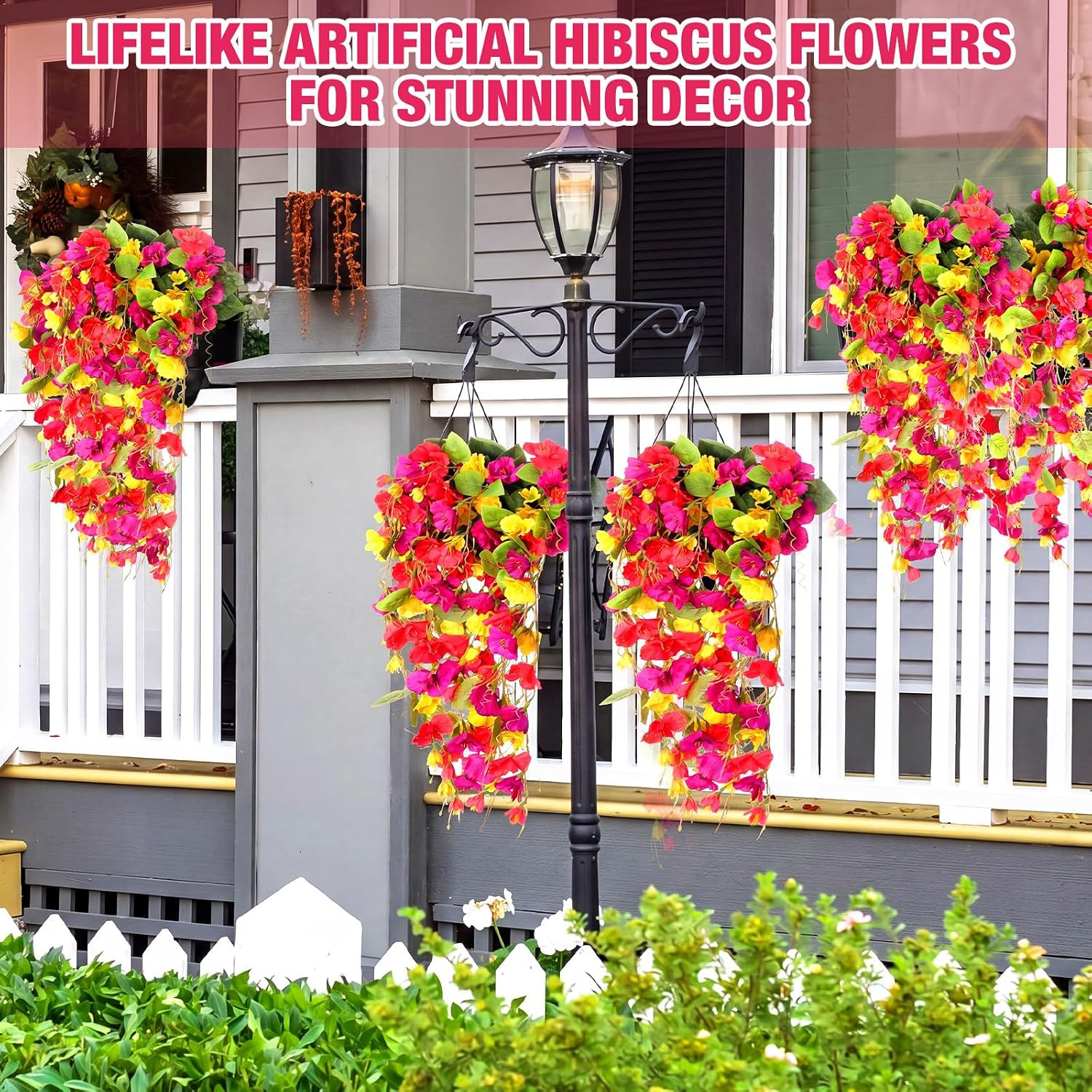 Multicolor UV Resistant Hanging Hibiscus Flowers for Outdoor Decor – 4 Bundles