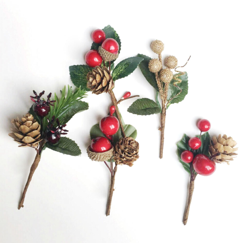 5Pcs Pine Picks Artificial Christmas Picks Red Berry Pine Cones Stems Green