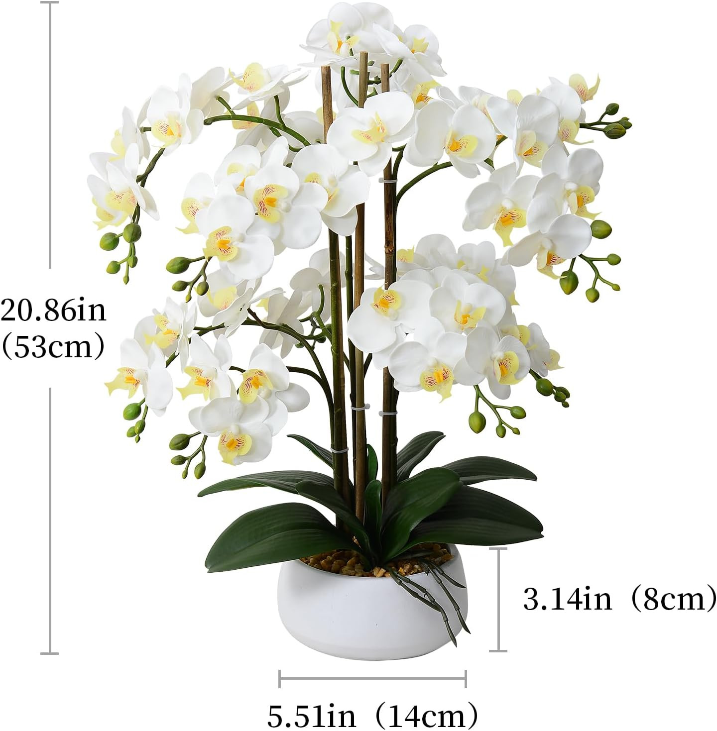 Realistic White Orchid Arrangement in Ceramic Pot for Home Decor