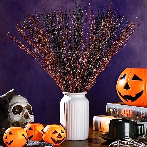 16 Pack Artificial Glitter Berry Stem, 17 Inches Fall and Black, Orange