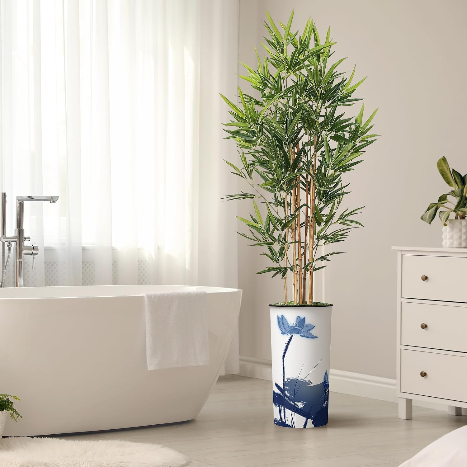 Artificial Tree in Blue Flower and Paint Texture Planter, Fake Bamboo Silk Tree