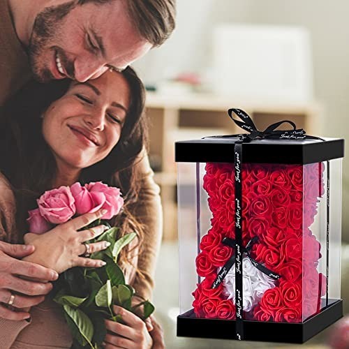Cute Rose Teddy Bear Gift for Mom – Adorable 10″ Plush Bear in Clear Box – Perfe