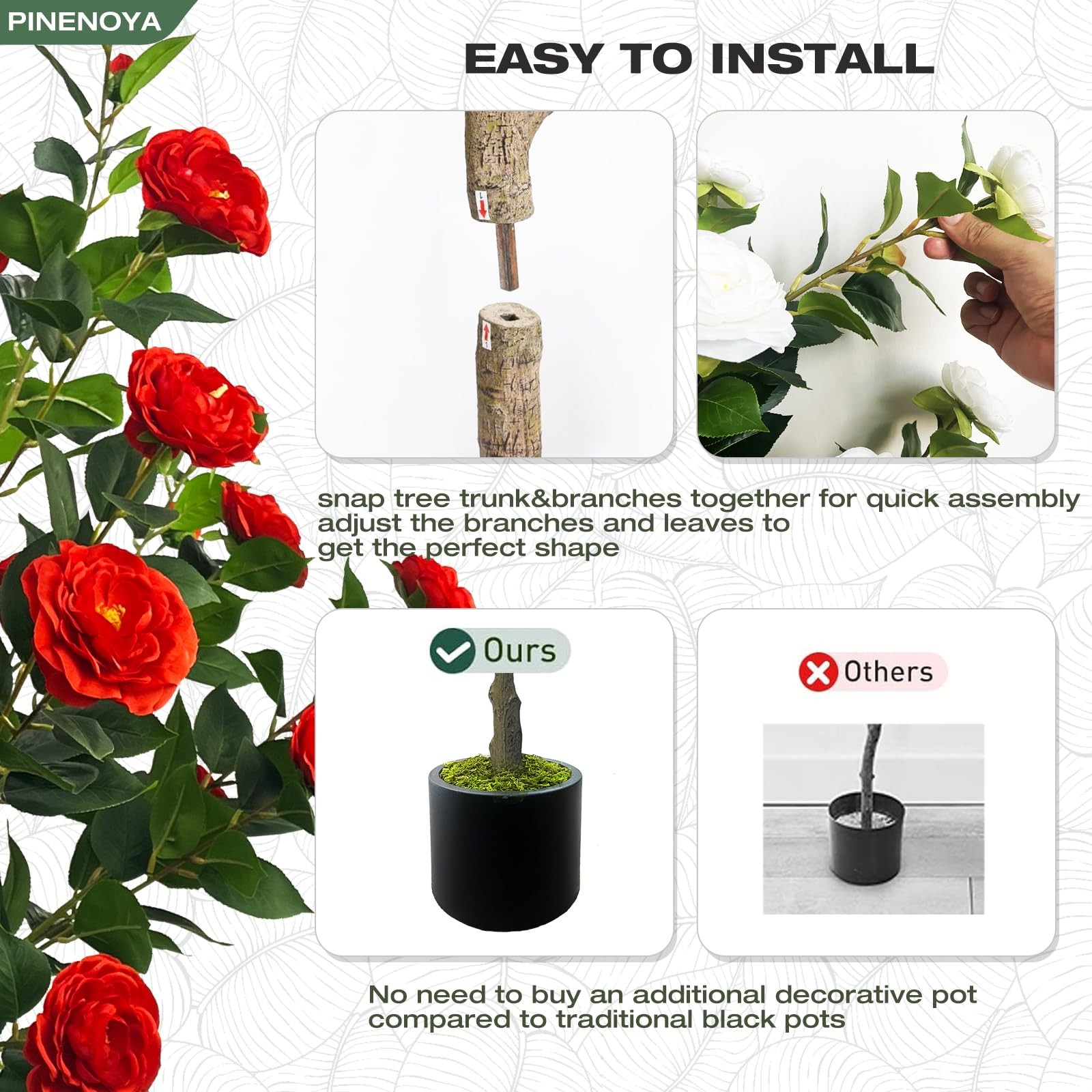 48” Artificial Camellia Tree with Red Flower in Pots -2 Pack 4FT Faux Camell…