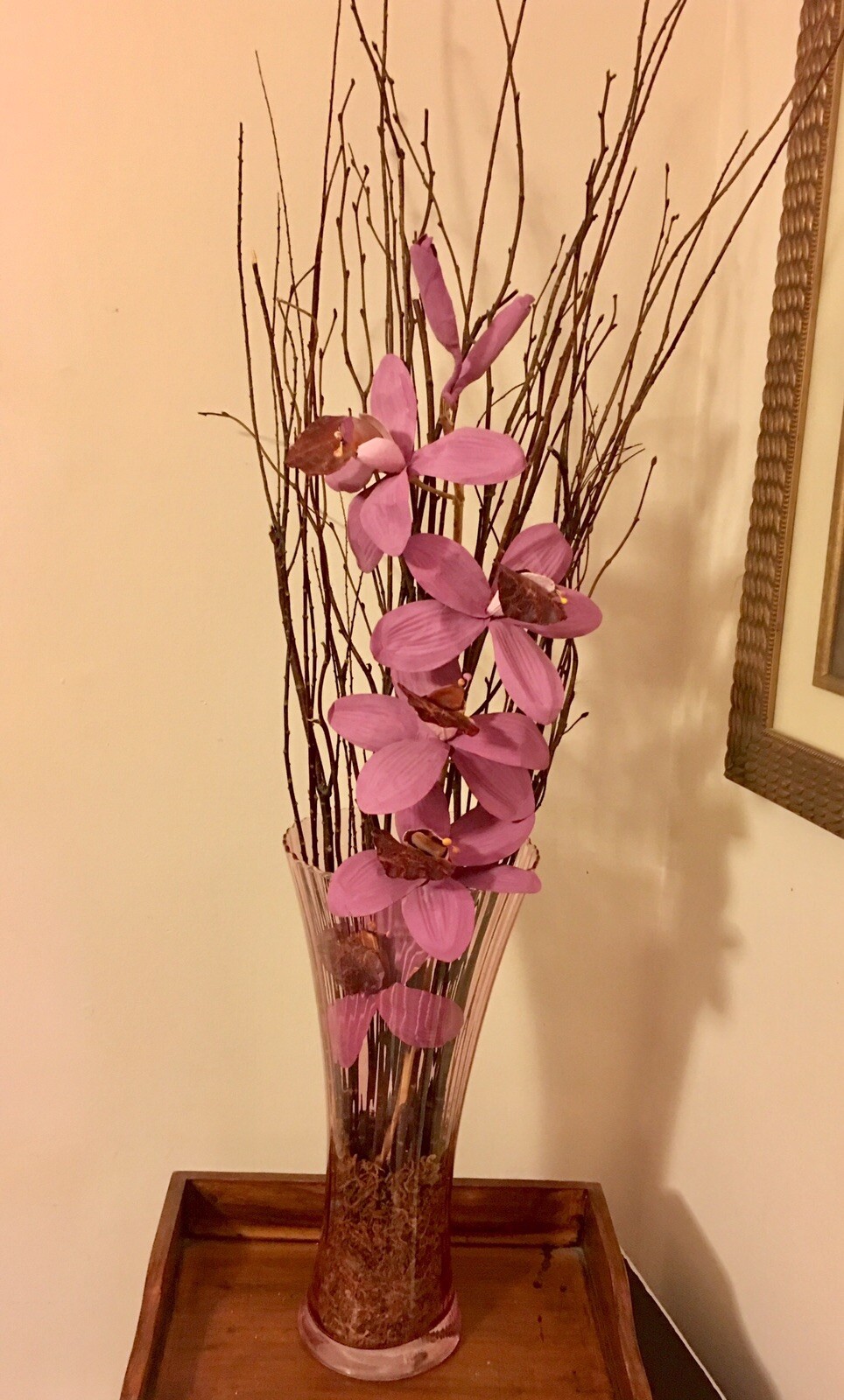 Floral Arrangement Wedding Centerpiece Birch Branches Pink Glass Vase Handmade