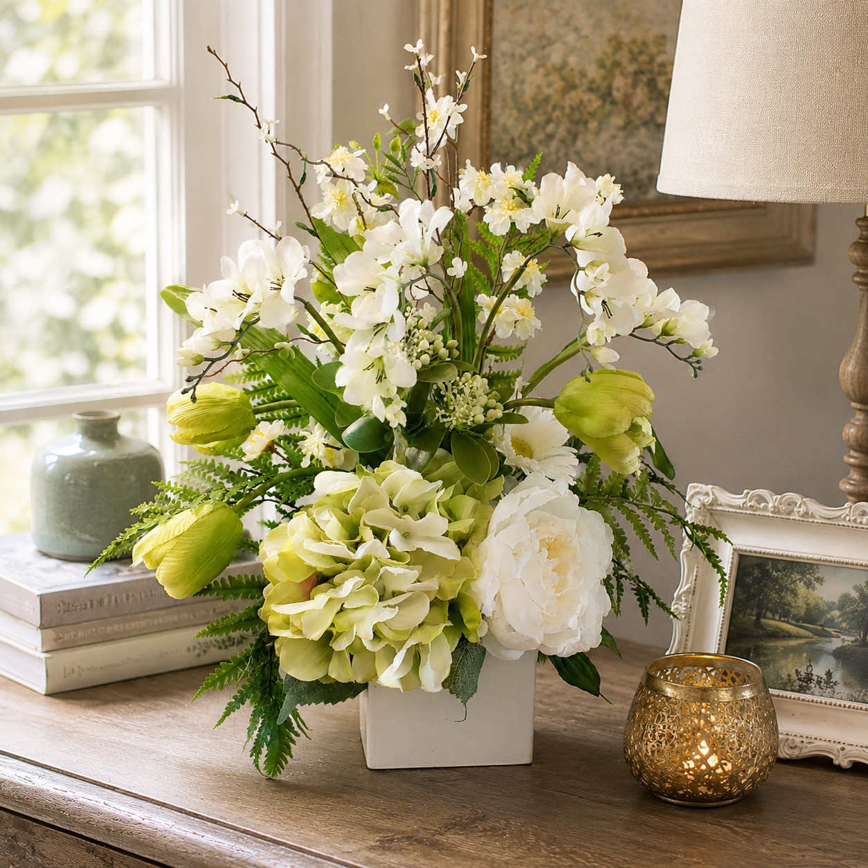 Green and White Floral Arrangement, Large Spring floral, Elegant Hydrangea