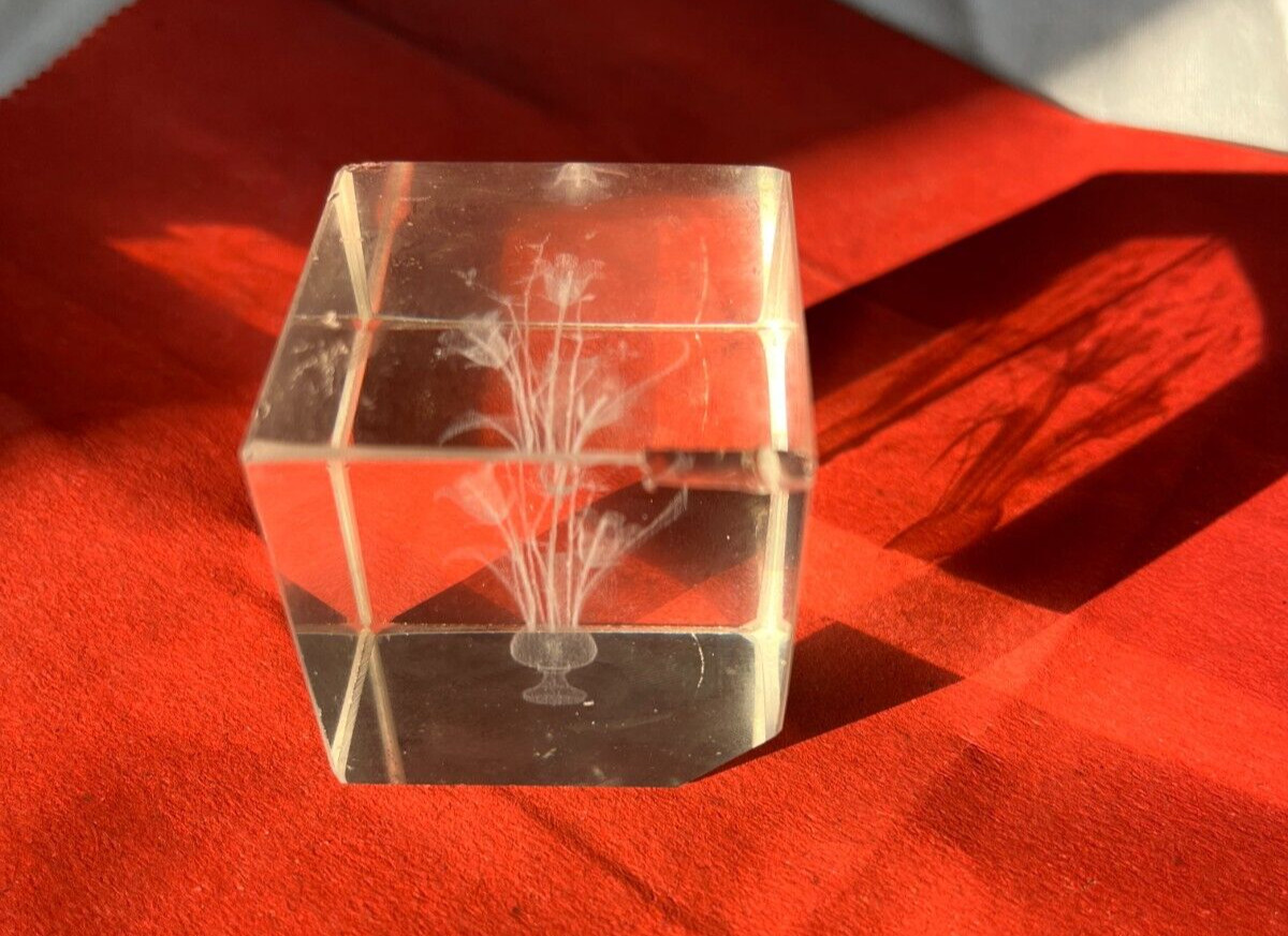 Vintage Laser Etched Flowers 3-D Hologram Cube Square Art Glass Paperweight