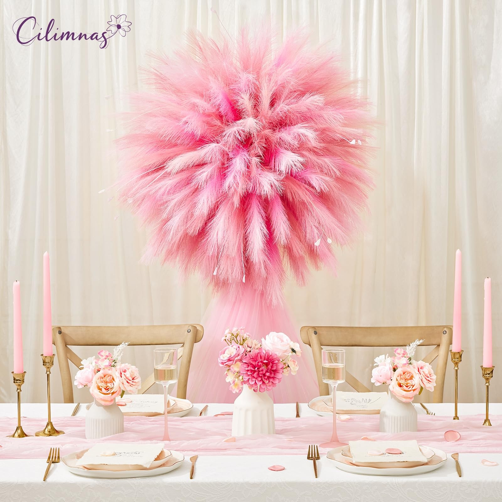 Faux Pampas Grass Artificial Fluffy Decor Gridient Pink 17.7 Inch 50 PCS