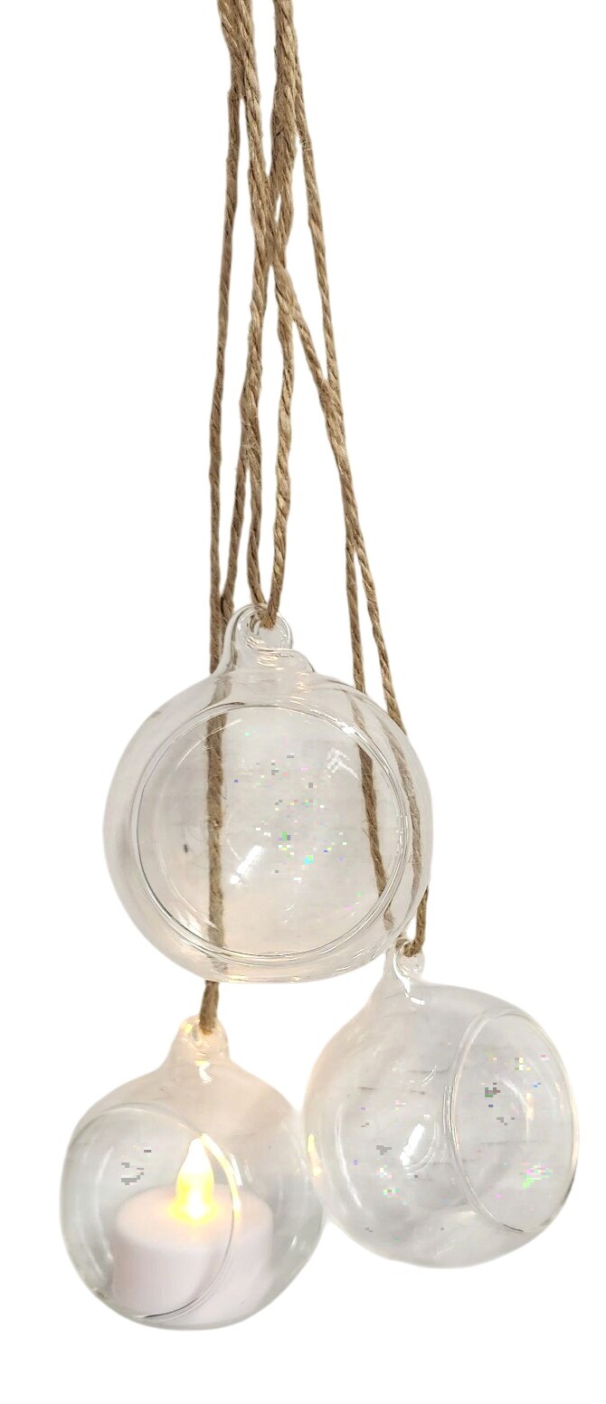 Clear Glass Hanging Ball, Orbs, Ornaments With Jute Twine For Decor Set Of 3
